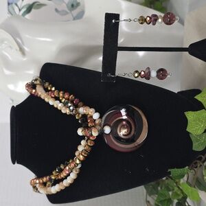 Artisan Crystal Faceted Bead Necklace with Art Glass Pendant and Earrings Set